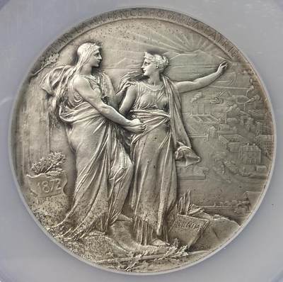 万国钱币拍卖第055期 - NGC MS61 1872年法国科学进步纪念镀银大铜章 著名法国名家罗蒂设计 科学女神与玛丽安娜指向远处的工厂 