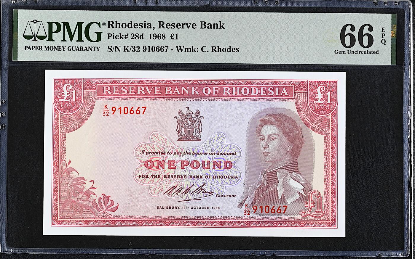 《艾美收藏》第220期-11.16周日外币畅拍场 罗德西亚1镑 PMG66E 1968年 戎装女王 无4