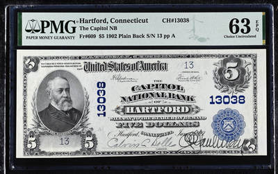 【Blue Auction】世界纸币精拍第751期——18级TOP拍卖/信誉/品质/专业/高效💫 - 【13小号罕见 手签飘逸 背面顶部带边铭色块】美国 康涅狄格州 1902年5美金 背面经典油画《Landing of the Pilgrims》（朝圣者登陆）设计精美 美国第23任美国总统本杰明·哈里森 大胡子雕刻佳 PMG63EPQ 全新原票 如此小号值得收藏 