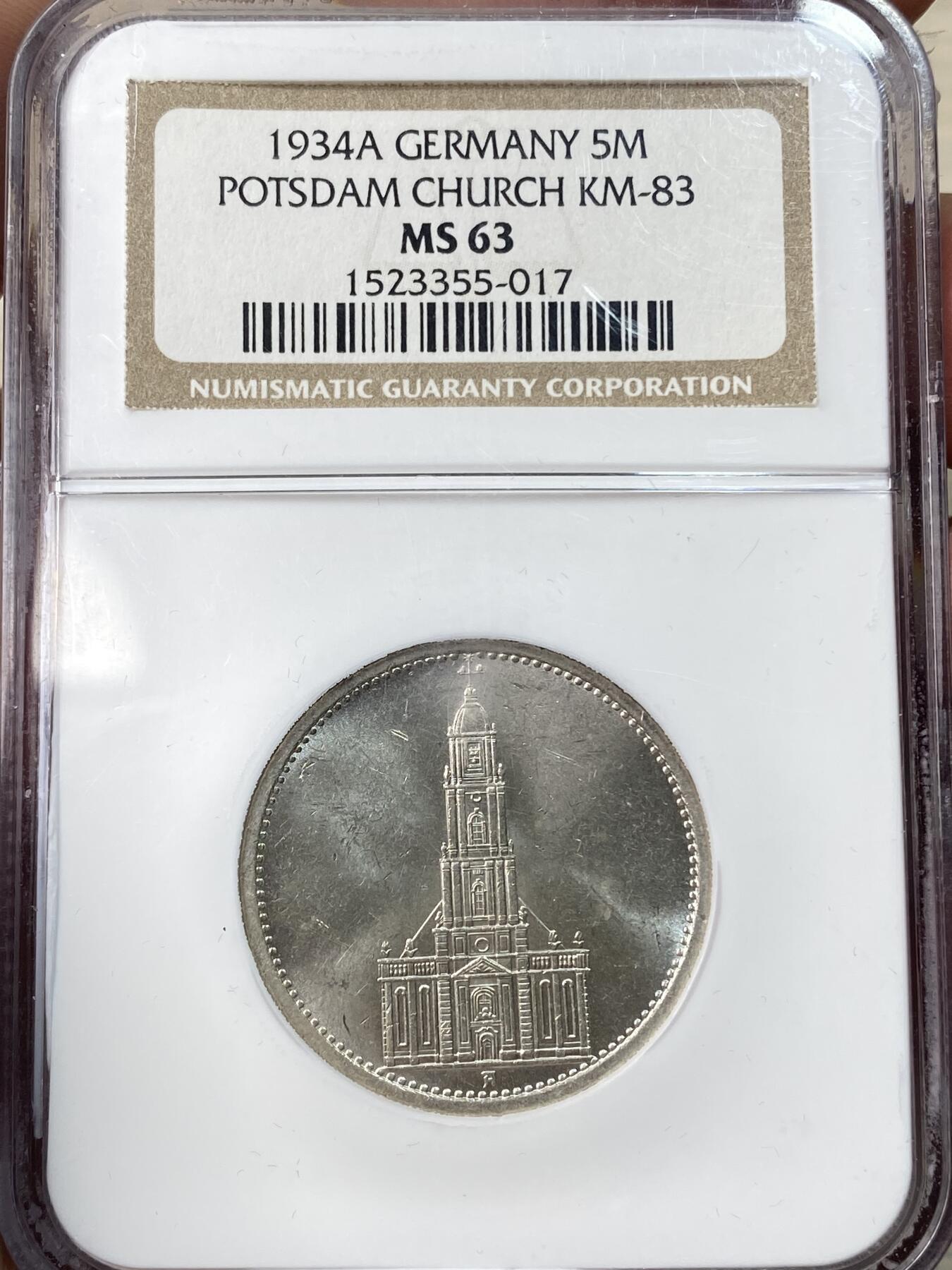 万国钱币拍卖第055期 NGC MS63 1934年A德国三帝国初期波兹坦教堂流通5马克 NGC老盒粉光顶级品相（轻微鼓盒）