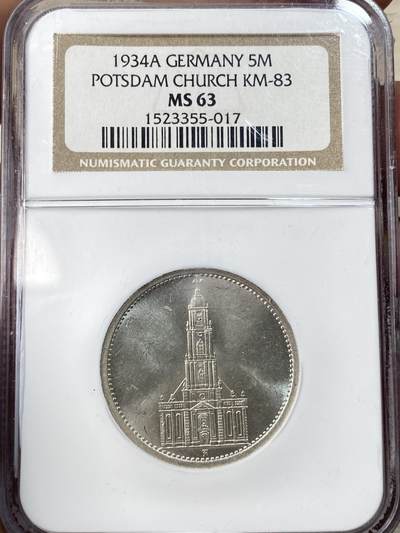 万国钱币拍卖第055期 - NGC MS63 1934年A德国三帝国初期波兹坦教堂流通5马克 NGC老盒粉光顶级品相（轻微鼓盒）