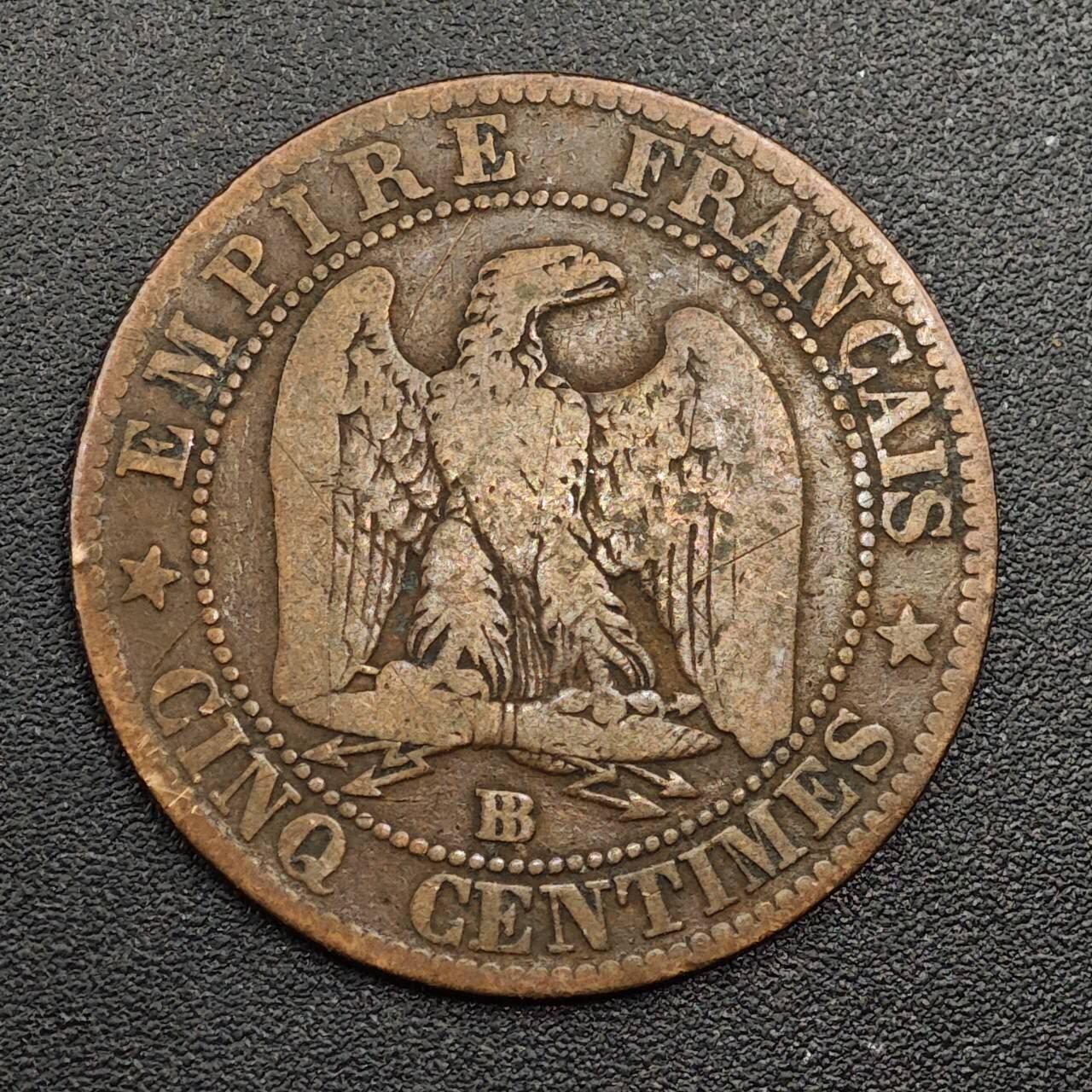 【淘币小摊】限时拍第七百九十七拍  老铜币场  满百包邮可预留两周  周一统一发货  法国1853年拿破仑三世5分铜币