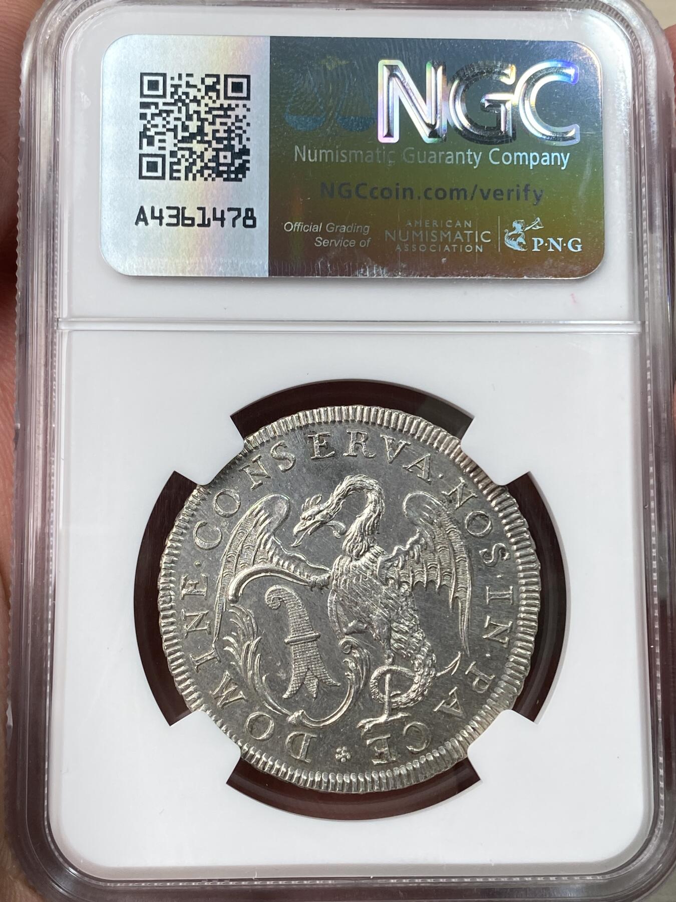 万国钱币拍卖第055期 NGC MS63 1740年瑞士巴塞尔景观1/2半泰勒 经典瑞士景观品种 银霜全深打极其难得 巴塞尔怪兽巴西利斯克身上的鳞片粒粒可数 城市细节一览无余 顶级收藏状态