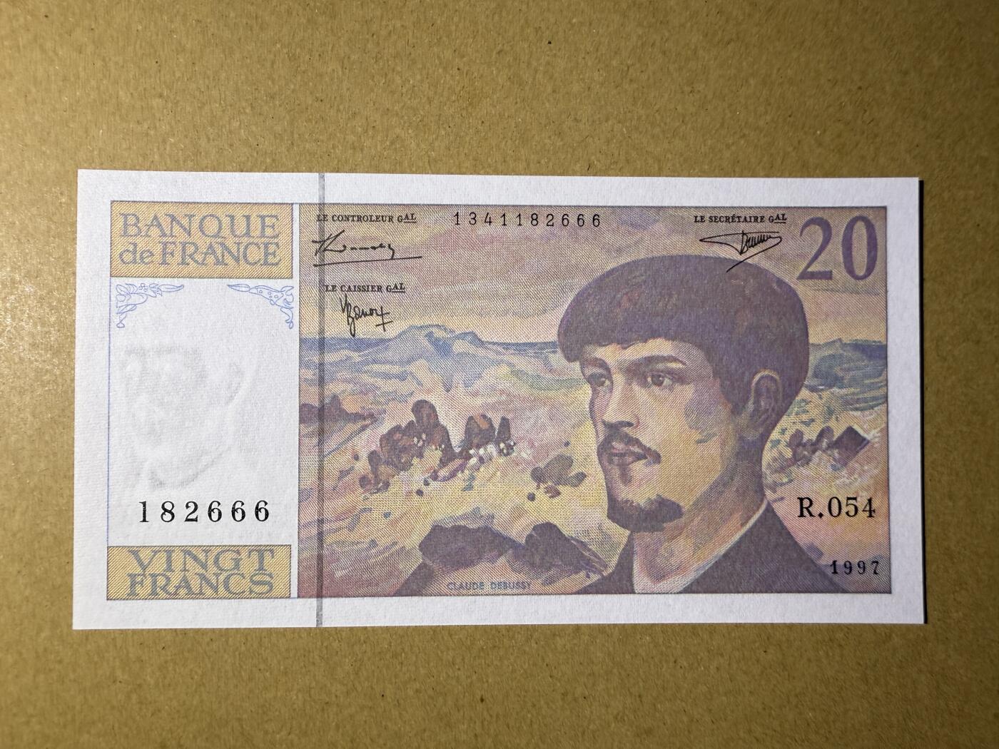 《艾美收藏》第220期-11.16周日外币畅拍场 豹子号 法国20法郎 UNC 1997年 法国作曲家德彪西 豹子号