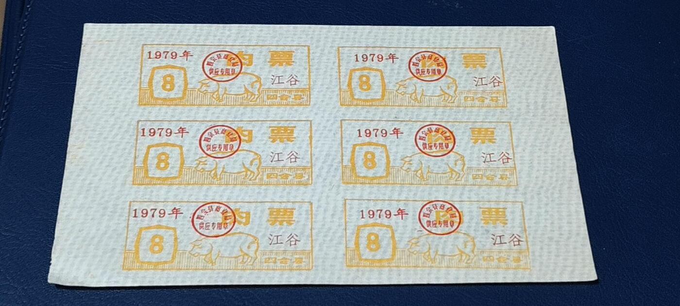 票证拍场，都是整版或者联票 四会县肉票，1979年，6联