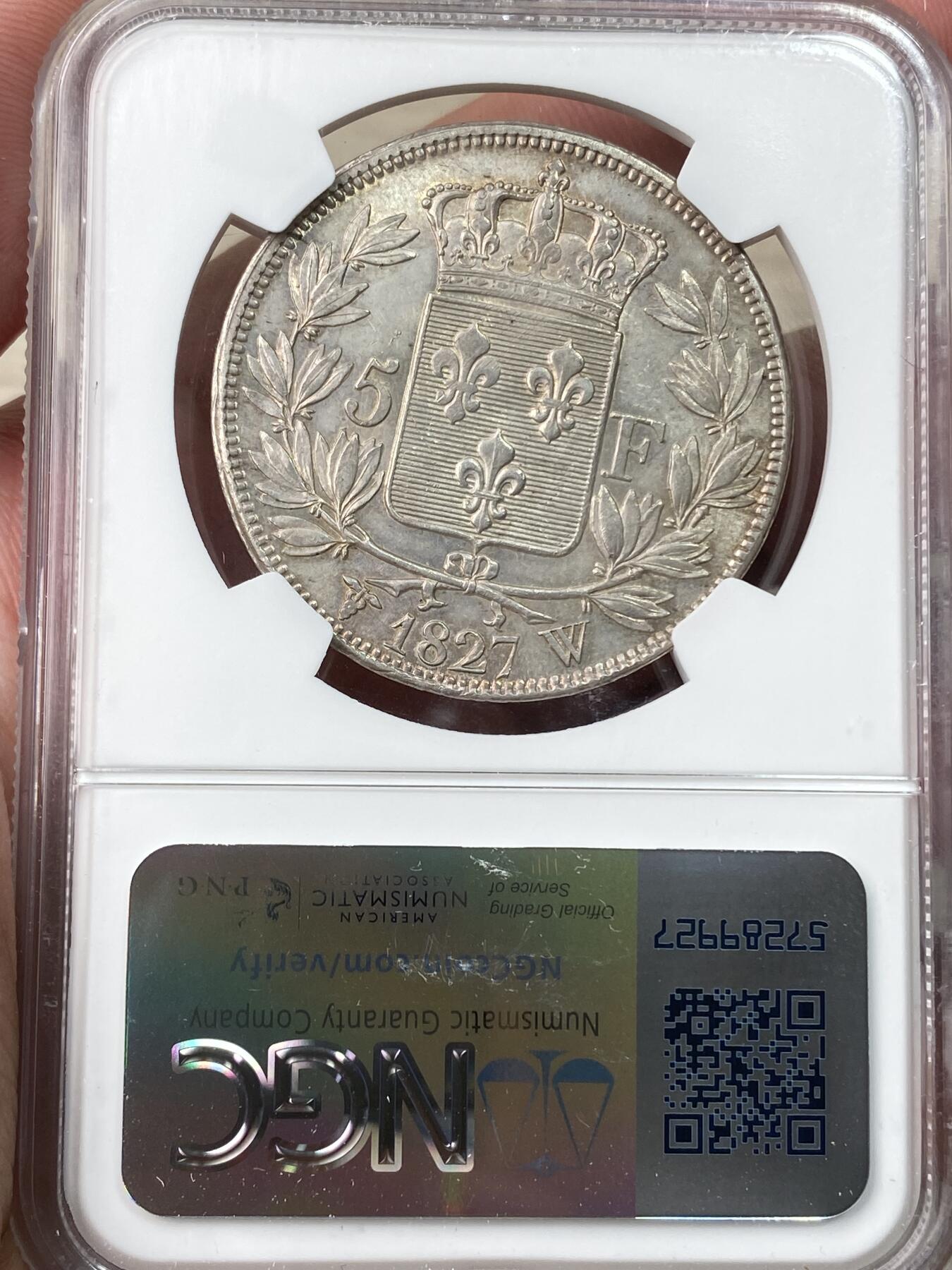 万国钱币拍卖第055期 NGC MS63 1829年W法国查理十世5法郎大银币 里尔厂铸 欧陆原味淡彩 全深打NGC亚军分 典藏品质