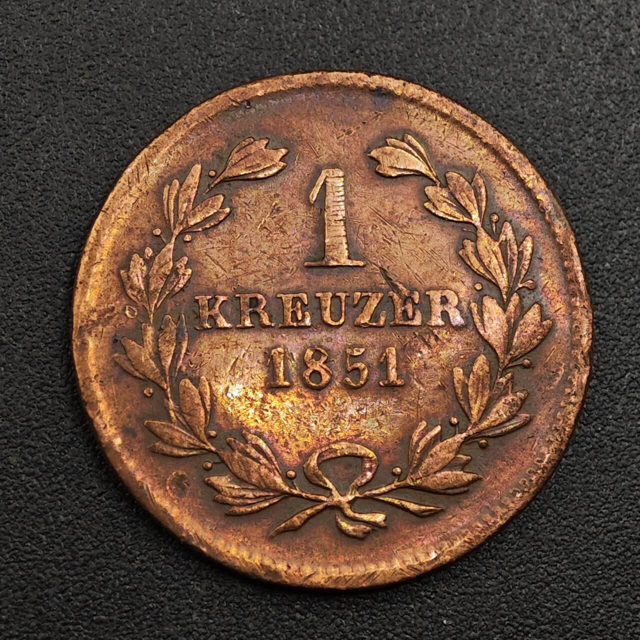 【淘币小摊】限时拍第七百九十七拍  老铜币场  满百包邮可预留两周  周一统一发货  德国巴登1851年1克鲁泽铜币