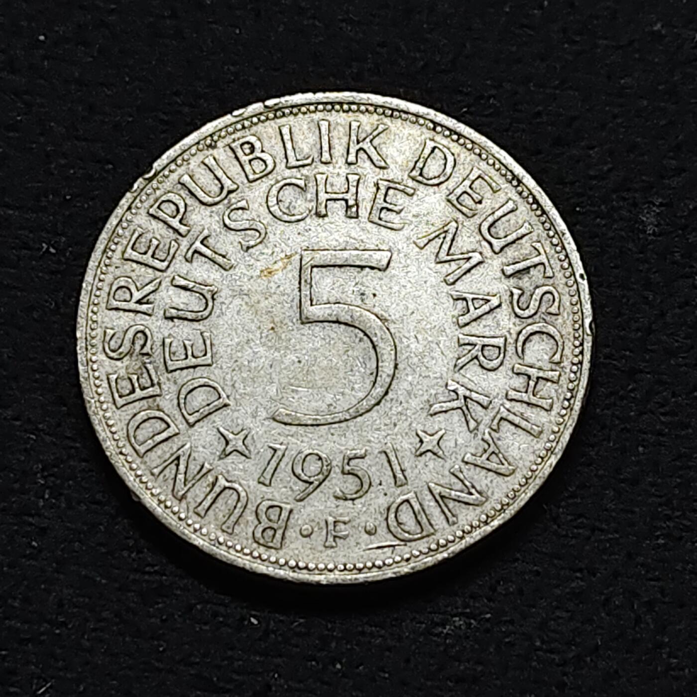 【全场包邮】纯粹捡漏拍478场（免费代拍第15场） 德国联邦德国1951年5马克银币