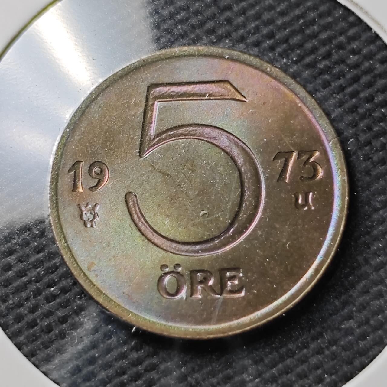 KK钱币收藏小铺  第371场  2月预留时间 周末发货  1973瑞典5欧尔铜币 好品 阴阳面