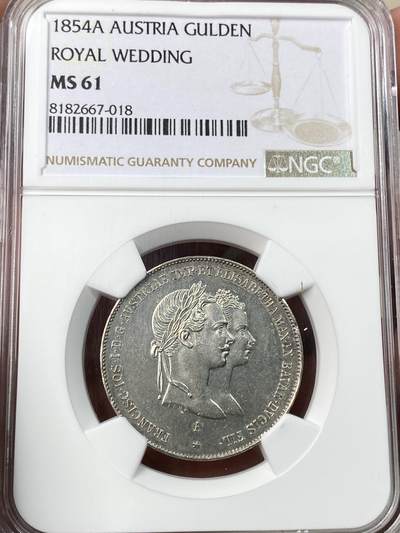 万国钱币拍卖第055期 - NGC MS61 1854年奥地利佛朗茨一世与茜茜公主成婚纪念1古尔登 名誉品种 全深打银霜转光收藏品质