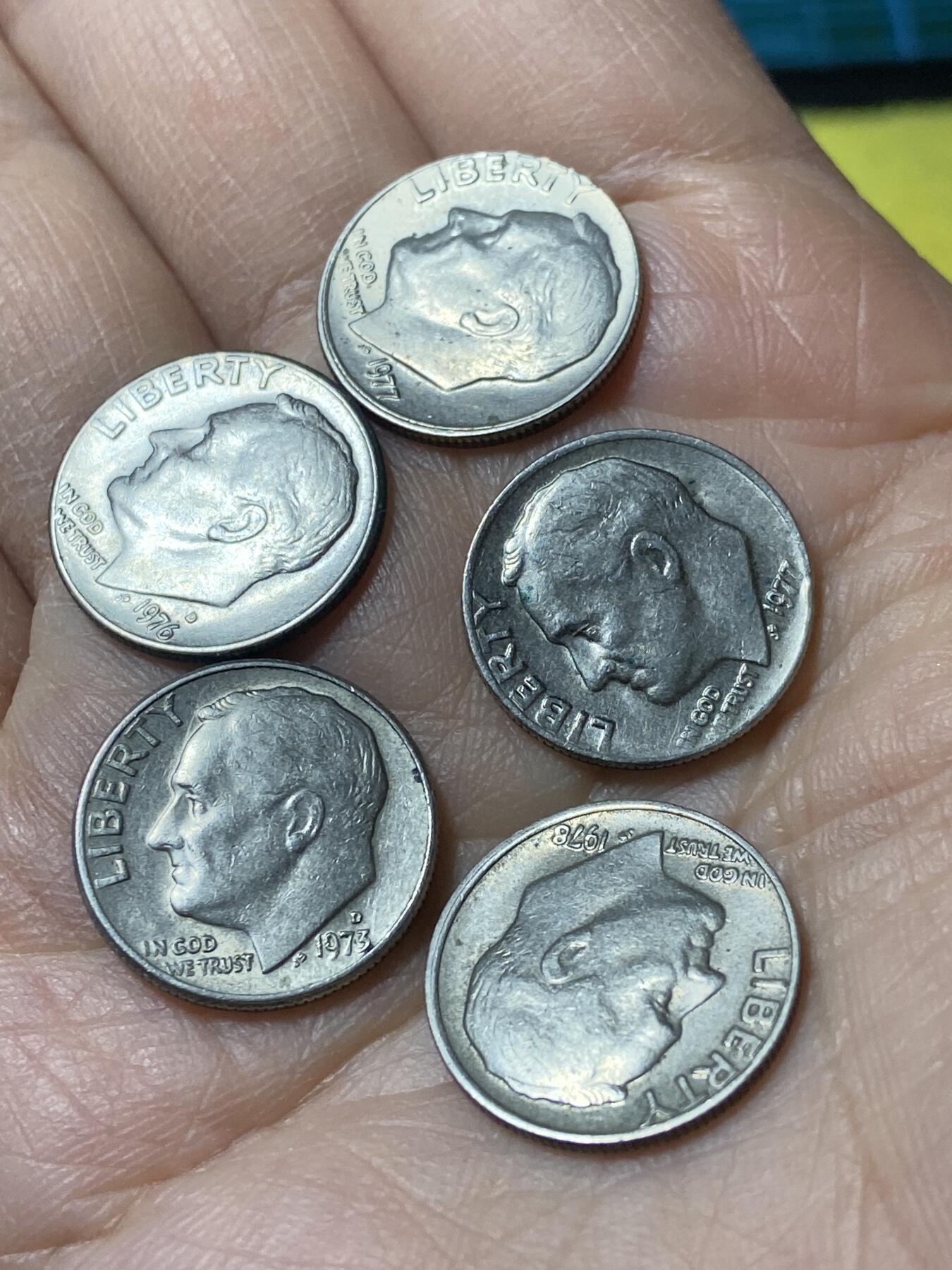 2025年第一百二十九场(总第一百五十五场）外国邮票、散币场(免佣金) 美国🇺🇸1角5枚：1973年76年77年78年(罗斯福1角第二版)