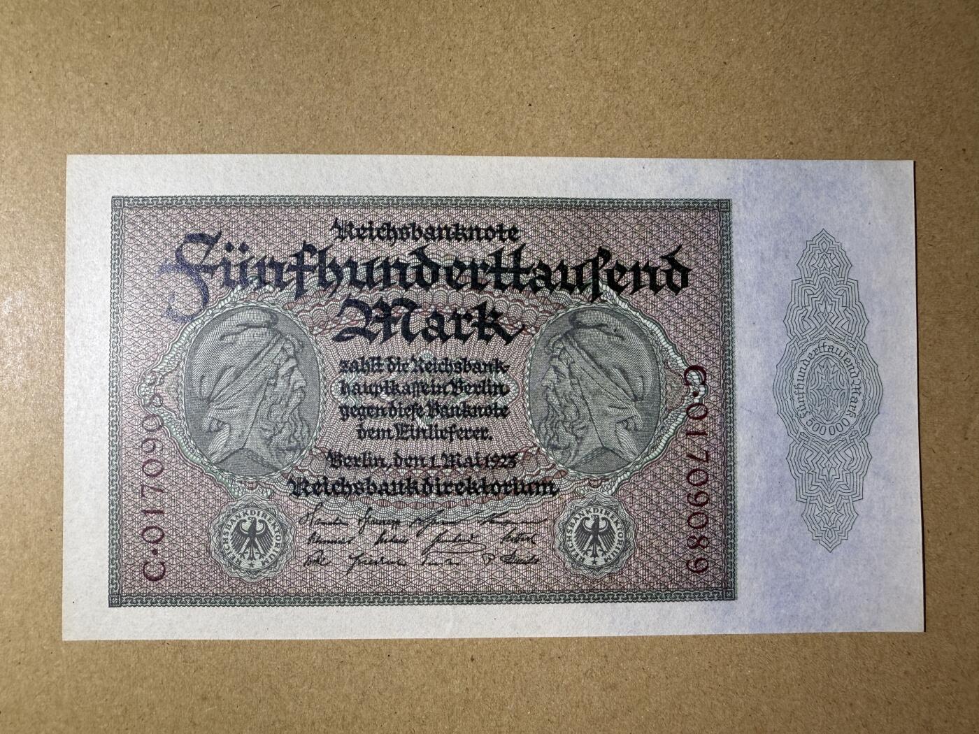 《艾美收藏》第220期-11.16周日外币畅拍场 德国500000马克 UNC 1923年 魏玛共和国 有一处针孔 无4