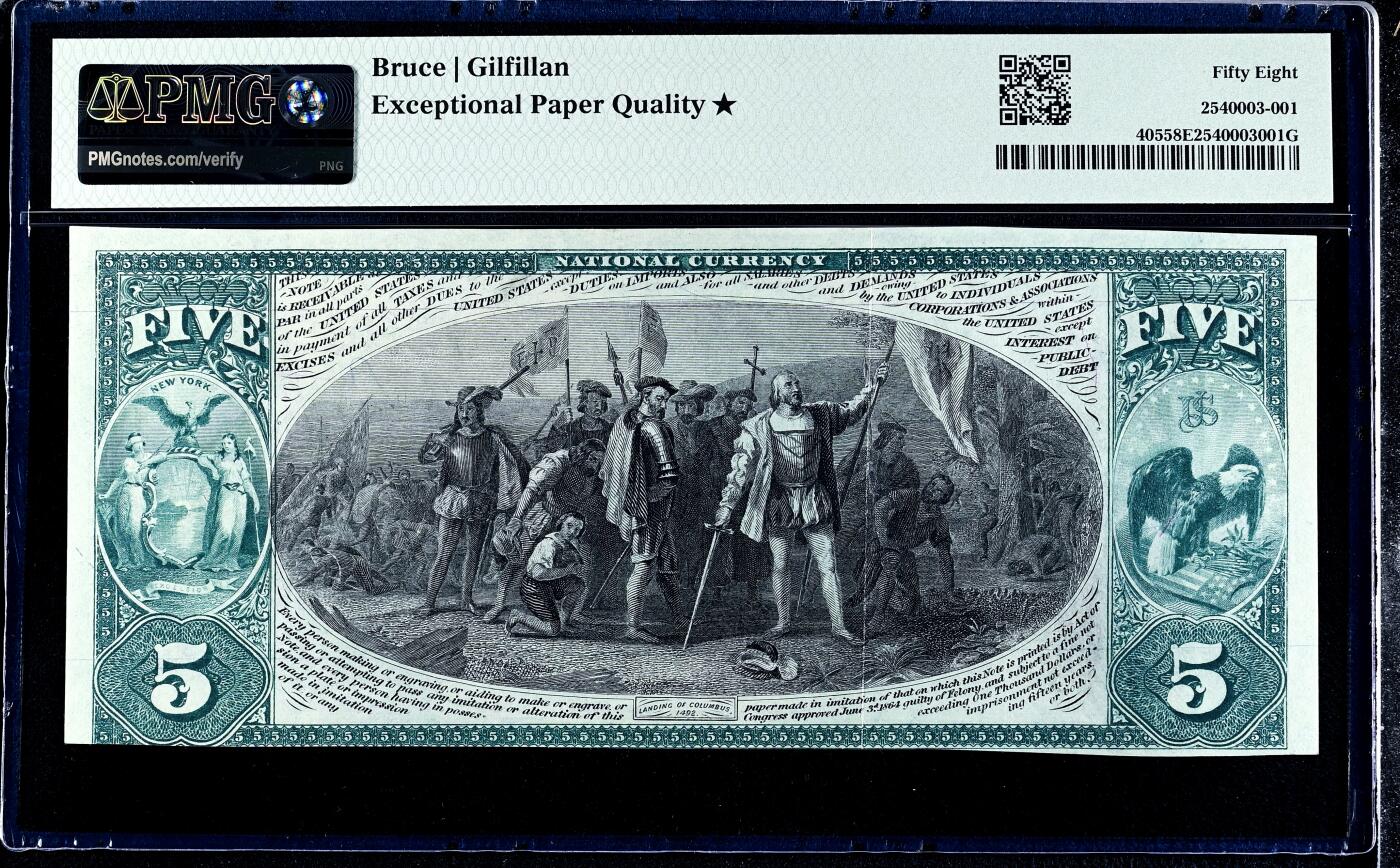 【Blue Auction】世界纸币精拍第751期——18级TOP拍卖/信誉/品质/专业/高效💫  【带星极罕见 设计非常精美 手签】美国纽约 1875年5美金国民券 正面描绘哥伦布发现新大陆和印第安公主呈现世界两个独立场景 背面是经典油画《哥伦布登陆》 大场景震撼 PMG58EPQ星星 大票幅 油墨凹凸感非常出众 对于150年前的老钞来说实在难得 凑套必备的精品  