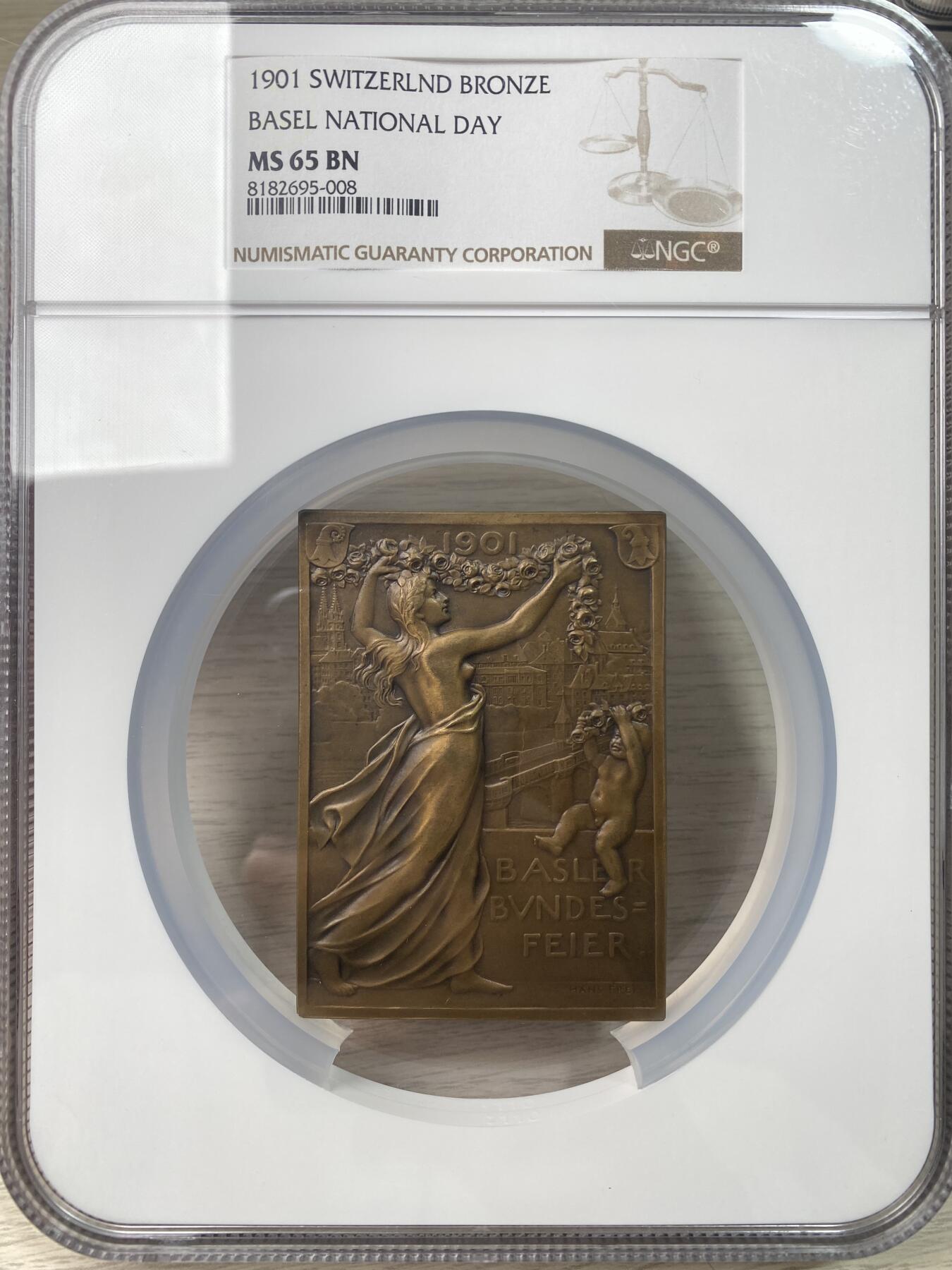 万国钱币拍卖第055期 NGC MS65 1901年瑞士巴塞尔纪念加入瑞士联邦400周年方形大铜章 37X50MM 少见瑞士方形大规格纪念铜章