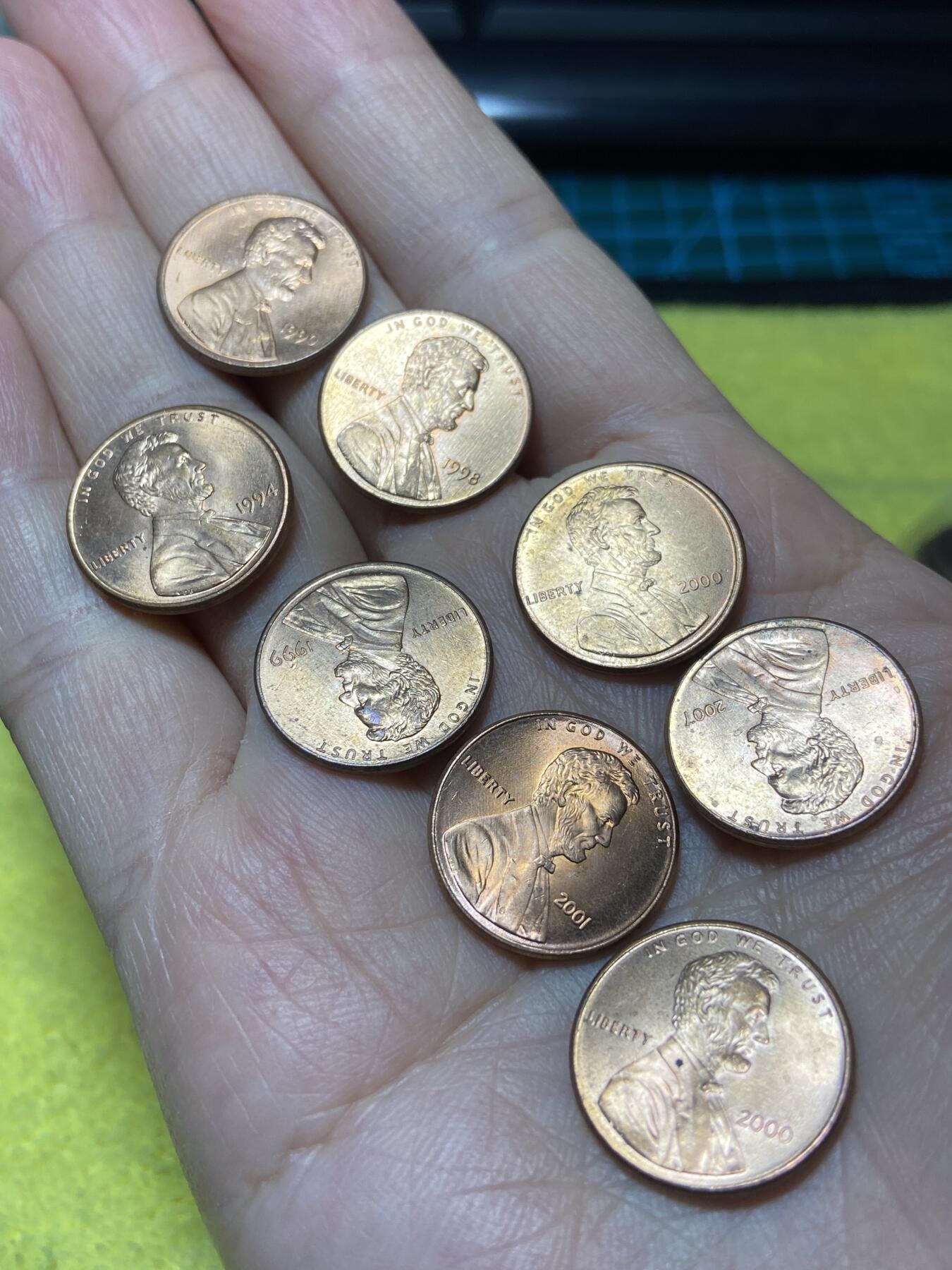 2025年第一百二十九场(总第一百五十五场）外国邮票、散币场(免佣金) 原光未流通–美国🇺🇸1分8枚：1990年94年98年99年2000年2001年2007年(林肯一分第六版，纪念堂一分)