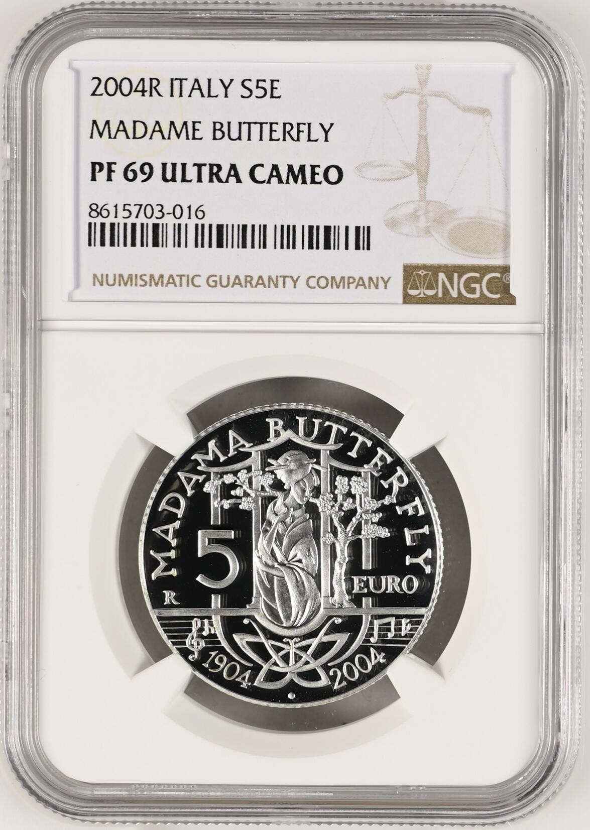S&S Numismatic世界钱币-拍卖 第115期  获奖币*意大利2004年 歌剧《蝴蝶夫人》创作一百周年 5欧元精制纪念银币 NGC PF69UC  