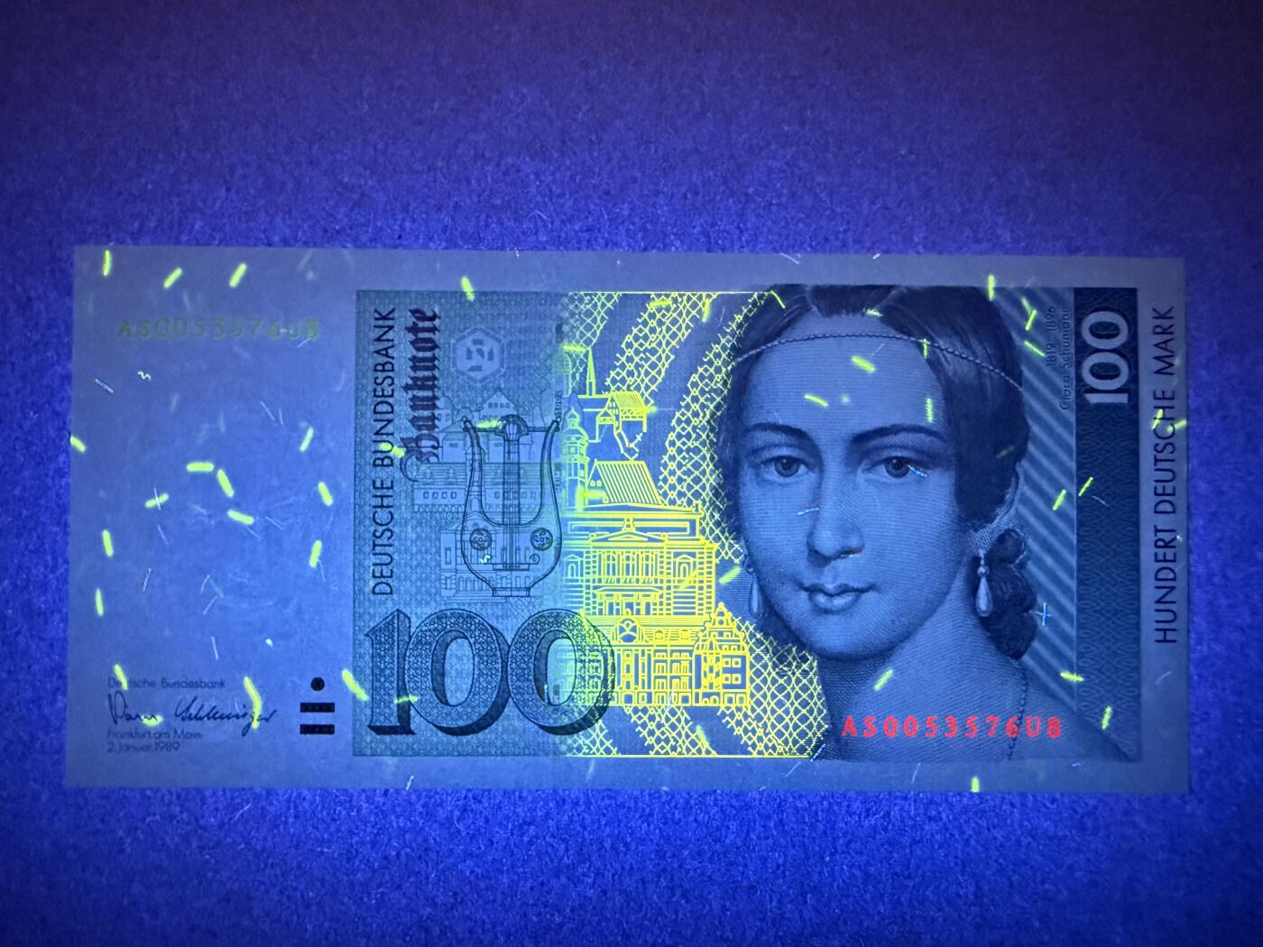 《艾美收藏》第220期-11.16周日外币畅拍场 德国100马克 UNC 1989年 德国女钢琴家克拉舒曼 无4