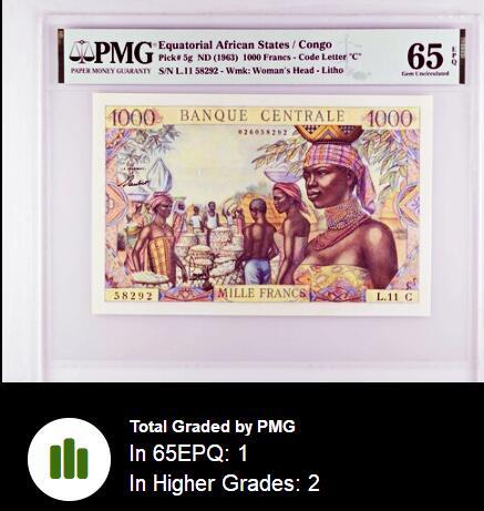 【Blue Auction】世界纸币精拍第751期——18级TOP拍卖/信誉/品质/专业/高效💫 【仅2张更高分 无47】赤道非洲 1963年1000法郎 刚果版 集市熙熙攘攘的热闹场景 当地色彩艳丽纹饰精美的衣着 经典砍木头 PMG65EPQ 法属玩家值得收藏