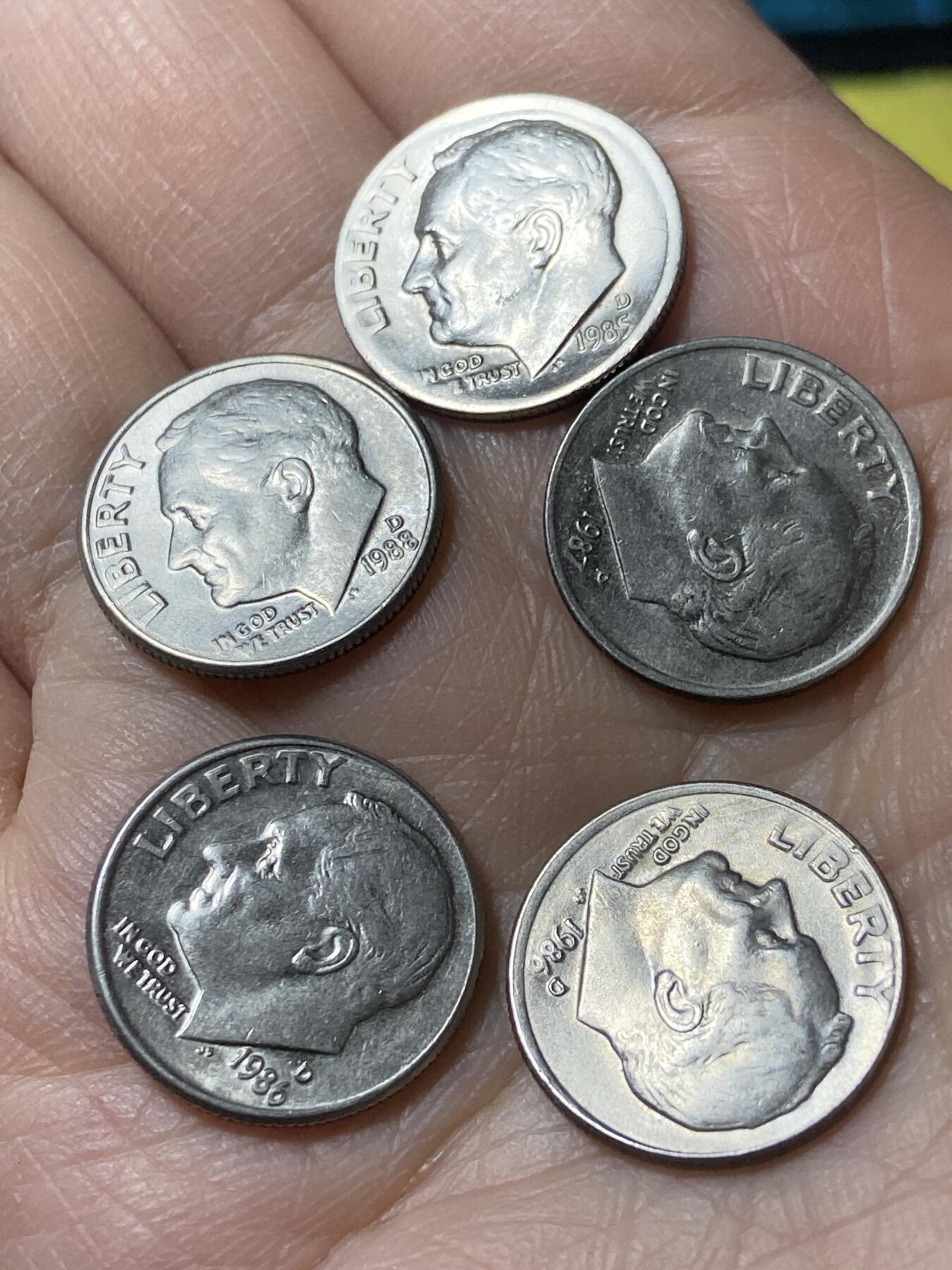 2025年第一百二十九场(总第一百五十五场）外国邮票、散币场(免佣金) 美国🇺🇸1角5枚：1985年86年87年88年(罗斯福1角第二版)