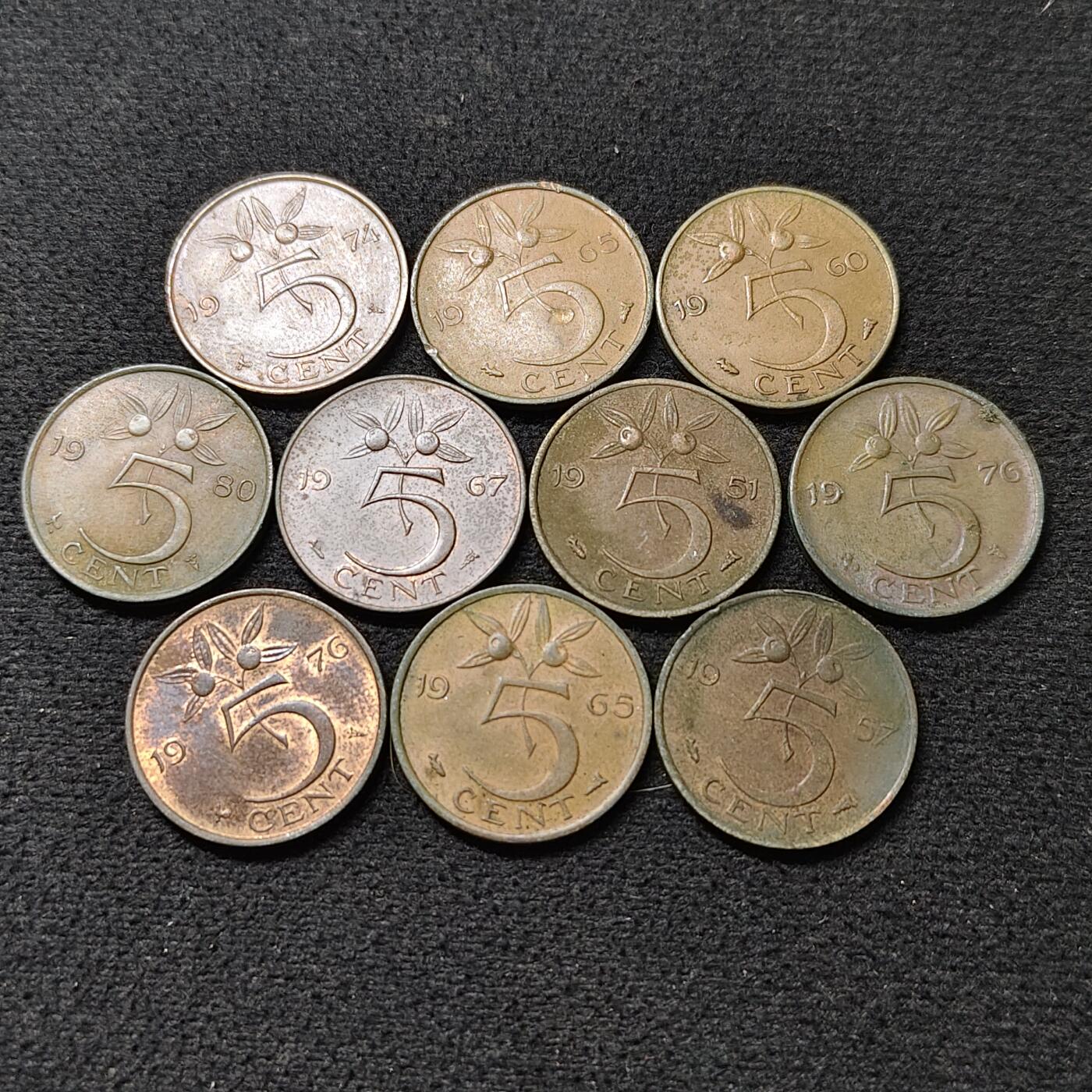 【全场包邮】纯粹捡漏拍478场（免费代拍第15场） 荷兰各年份朱莉安娜女王5分铜币10枚一组