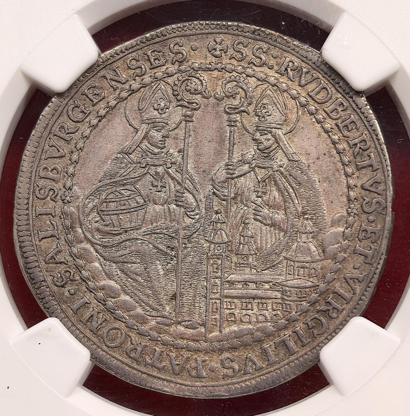 泉海漫舟·凡希社世界钱币微拍第三百十四期 1700萨尔茨堡主教区双圣图1/2泰勒NGC-MS63，传世包浆，压铸细节堪称完美，半泰勒好品稀少！