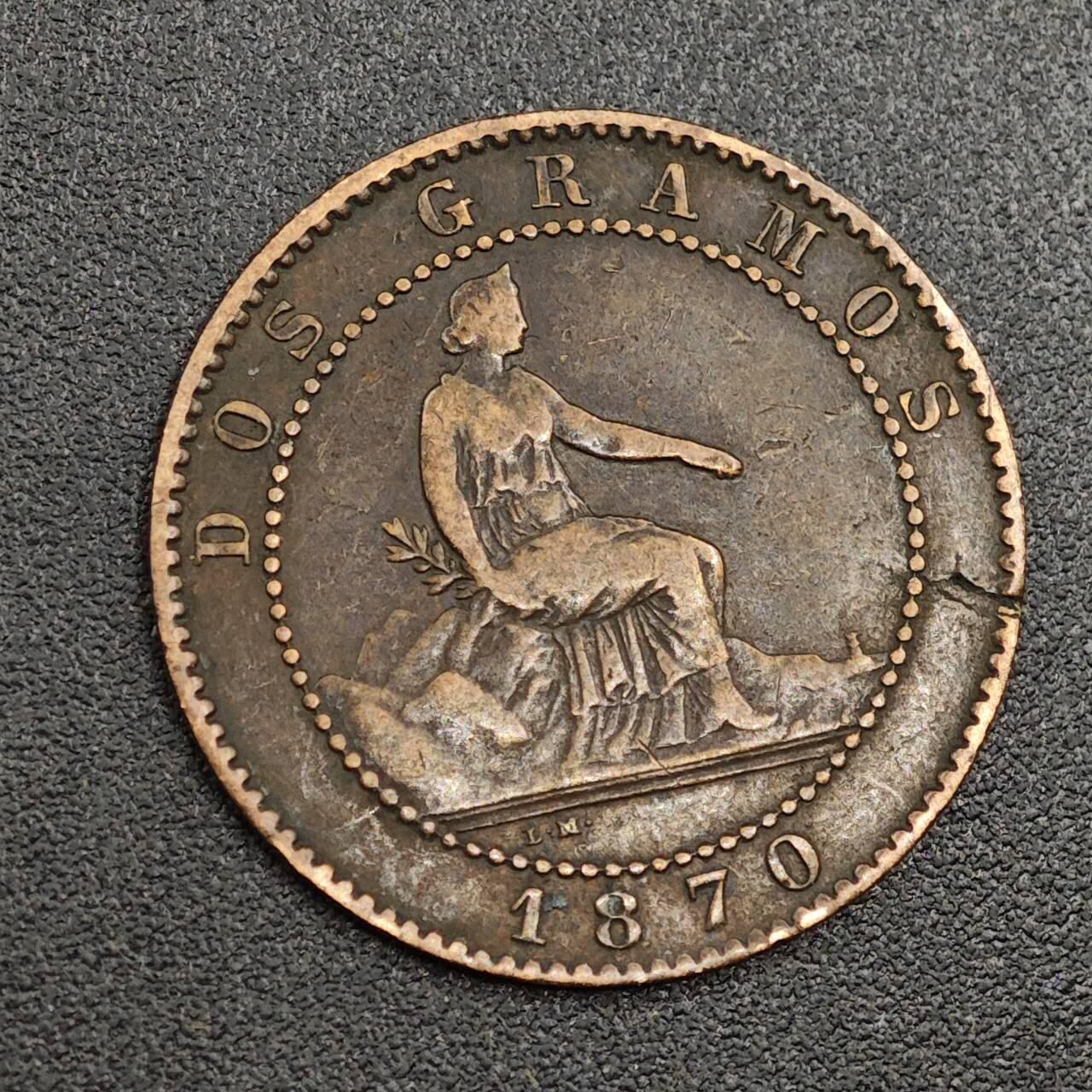 【淘币小摊】限时拍第七百九十七拍  老铜币场  满百包邮可预留两周  周一统一发货  西班牙1870年2分铜币