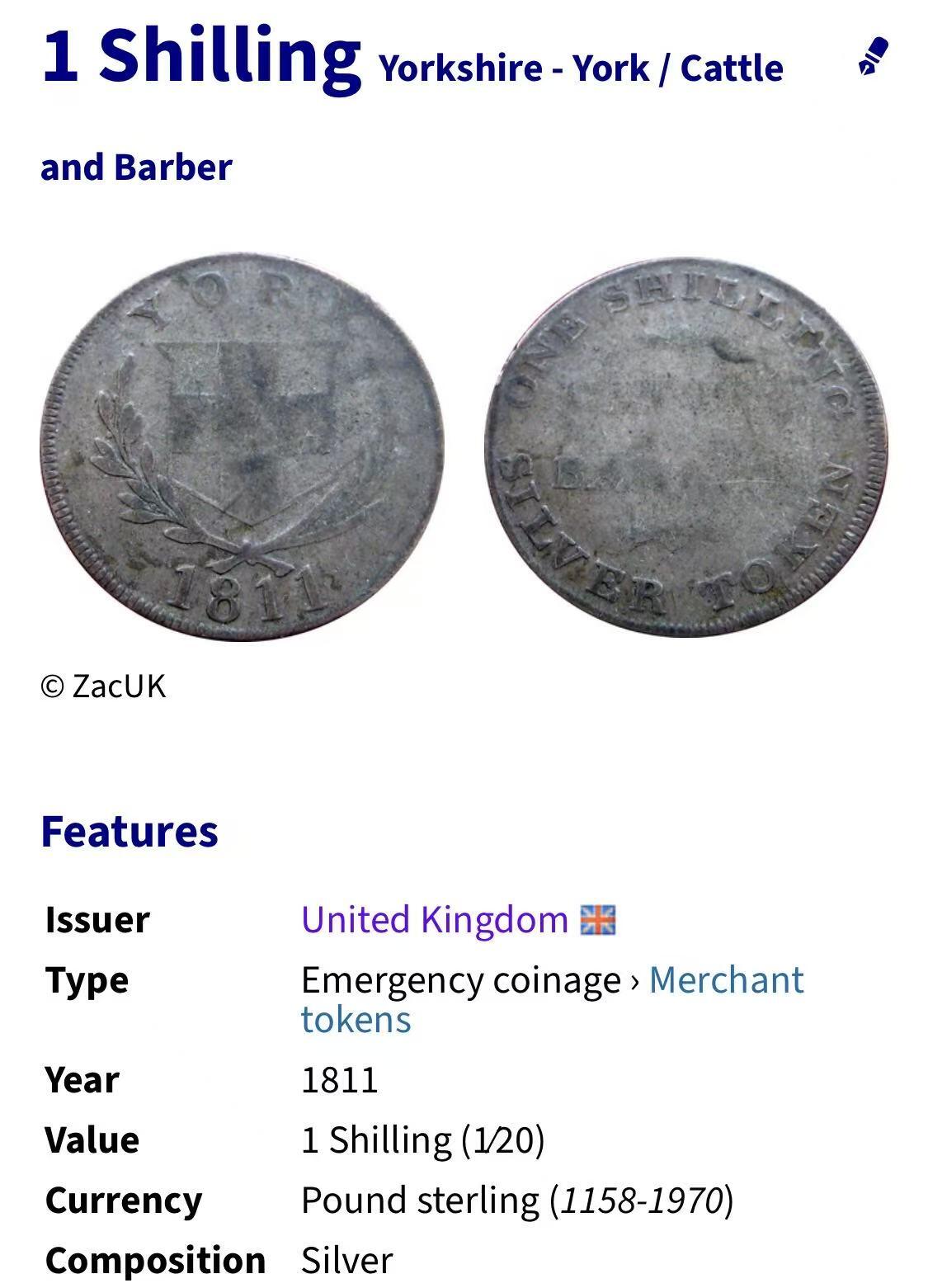 七河·世界币章小拍（总第27期） 英国约克郡商行1先令代用银币