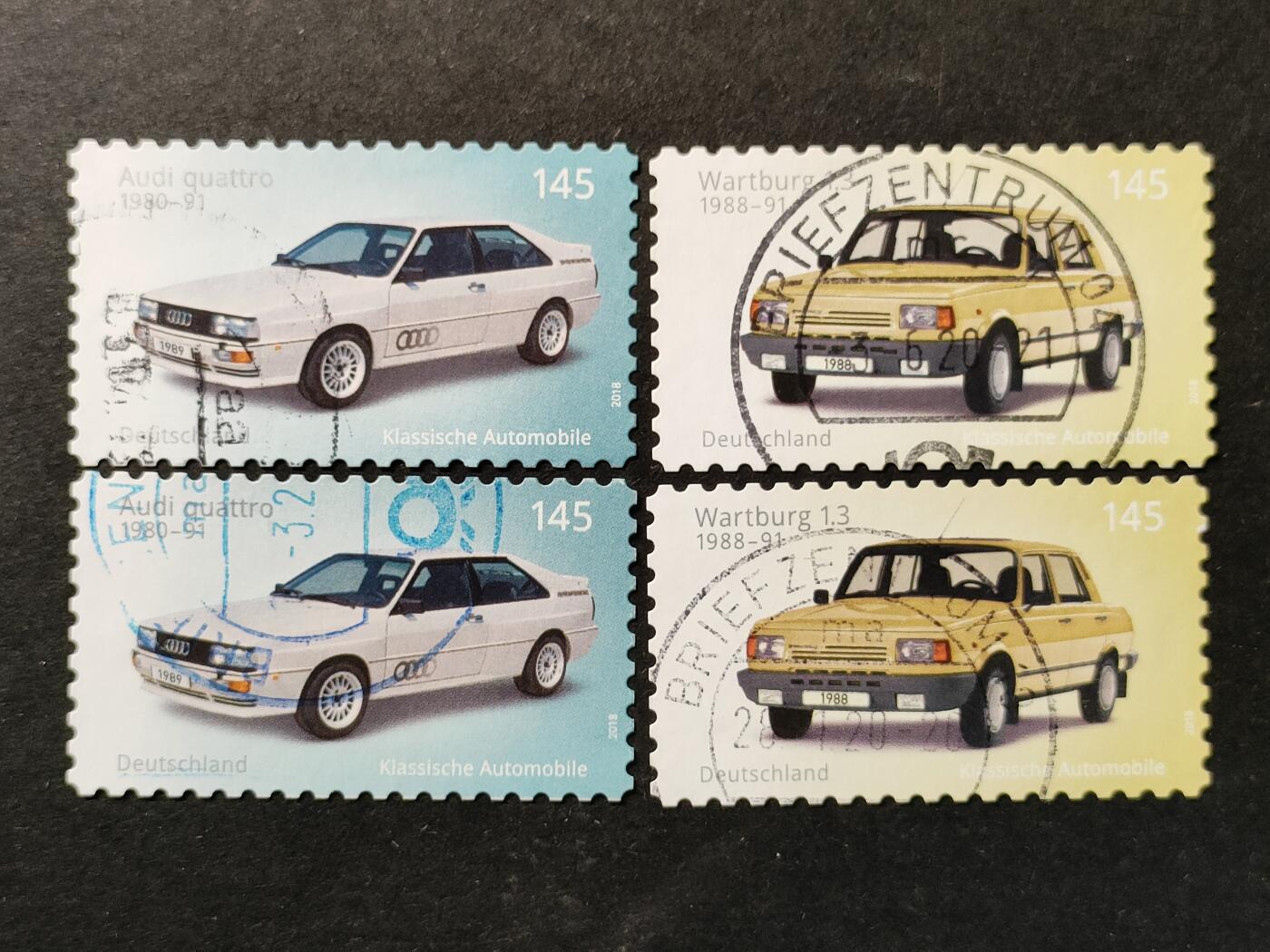 ↓君缘收藏654期☞钱币邮品↓无佣金、可寄存、满30元包邮  德国邮票，2018年经典汽车 奥迪和瓦特堡邮票2全，有2套随机发一套