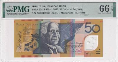 【礼羽收藏】🌏世界钱币拍卖第112期 - 【PMG66】大洋洲，澳大利亚，2003年，50澳元，塑料钞，初版，Pick#60a