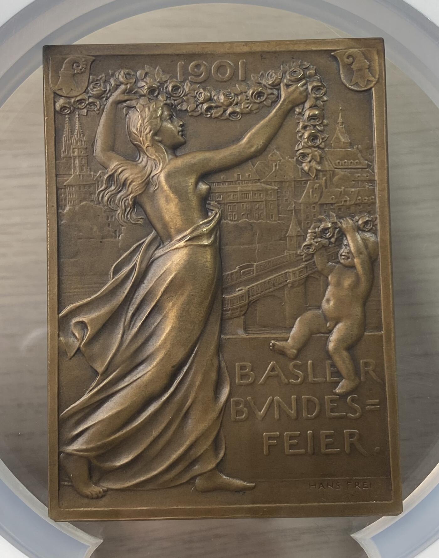 万国钱币拍卖第055期 NGC MS65 1901年瑞士巴塞尔纪念加入瑞士联邦400周年方形大铜章 37X50MM 少见瑞士方形大规格纪念铜章