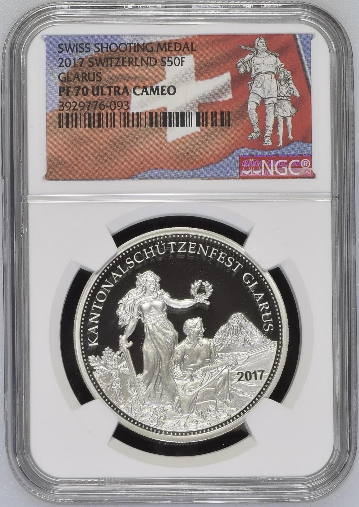 S&S Numismatic世界钱币-拍卖 第115期  瑞士2017年 格劳鲁斯射击节 50法郎精制纪念银币 NGC PF70UC国旗标 发行量1200枚
