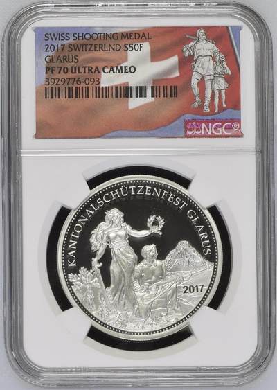 S&S Numismatic世界钱币-拍卖 第115期  - 瑞士2017年 格劳鲁斯射击节 50法郎精制纪念银币 NGC PF70UC国旗标 发行量1200枚