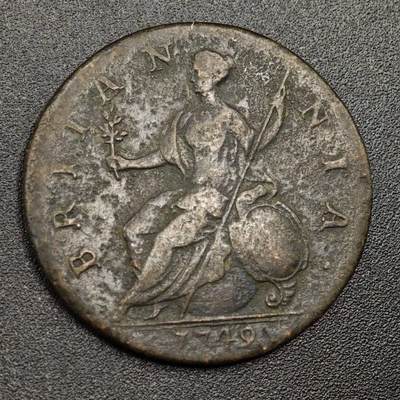 【淘币小摊】限时拍第七百九十七拍  老铜币场  满百包邮可预留两周  周一统一发货  - 英国1749年乔治二世半便士铜币