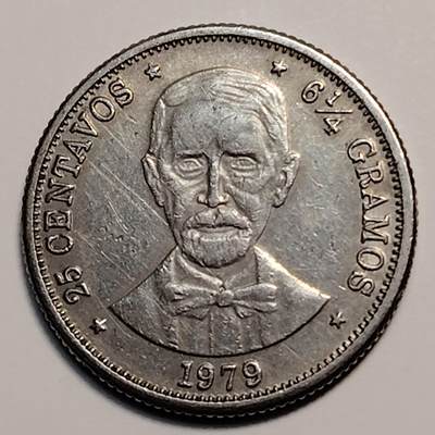 布加迪🐬～世界钱币(上海)🌾第 259 期 /  各国套币和散币 - 多米尼加🇩🇴 1979年 25分 杜阿尔特头像