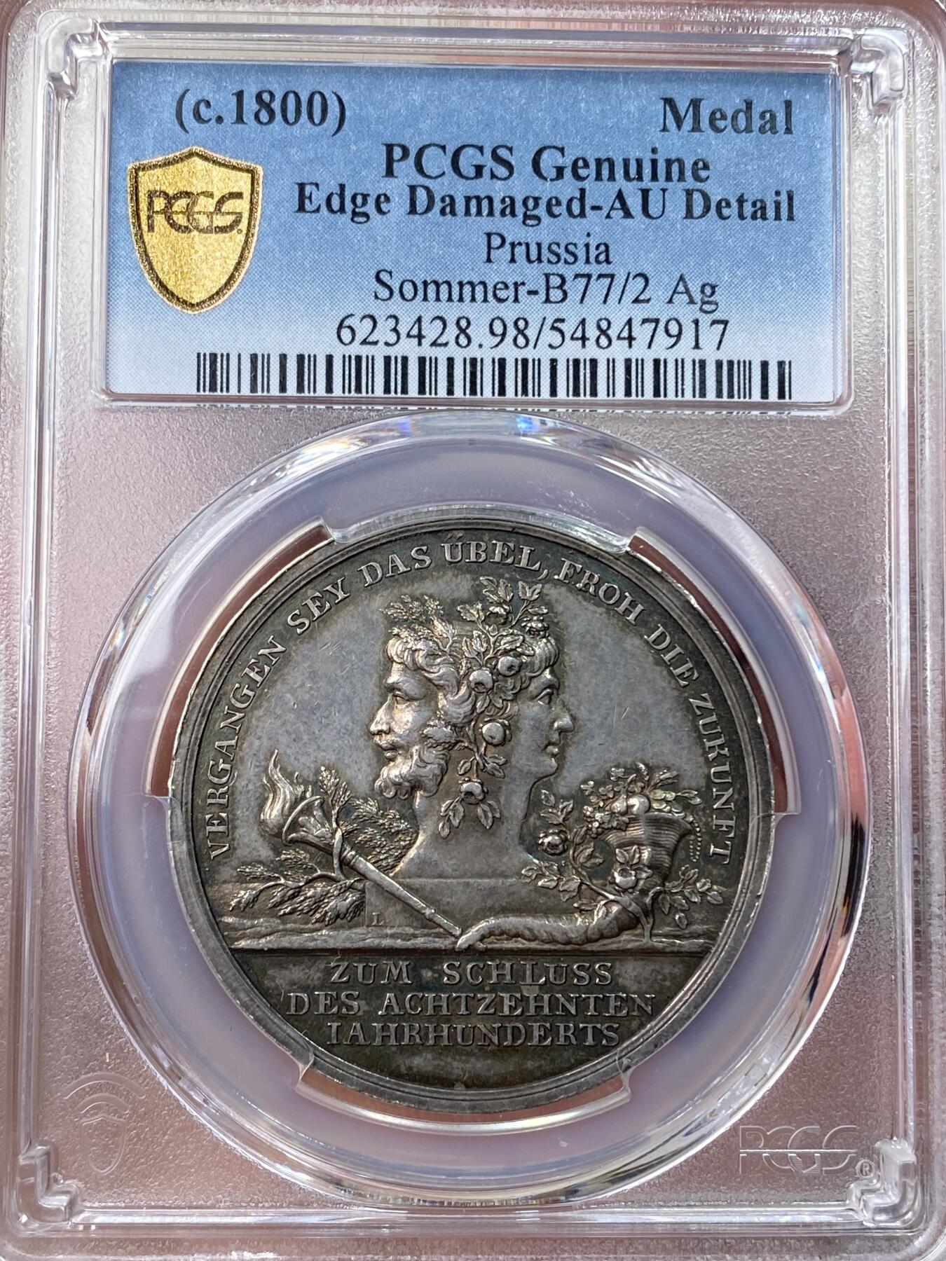 万国钱币拍卖第055期 PCGS AUD 1800年德国普鲁士威廉三世世纪之交千禧年纪念银章 原味酱彩