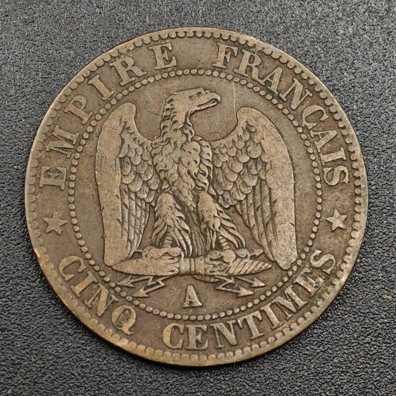 【淘币小摊】限时拍第七百九十七拍  老铜币场  满百包邮可预留两周  周一统一发货  法国1853年拿破仑三世5分铜币