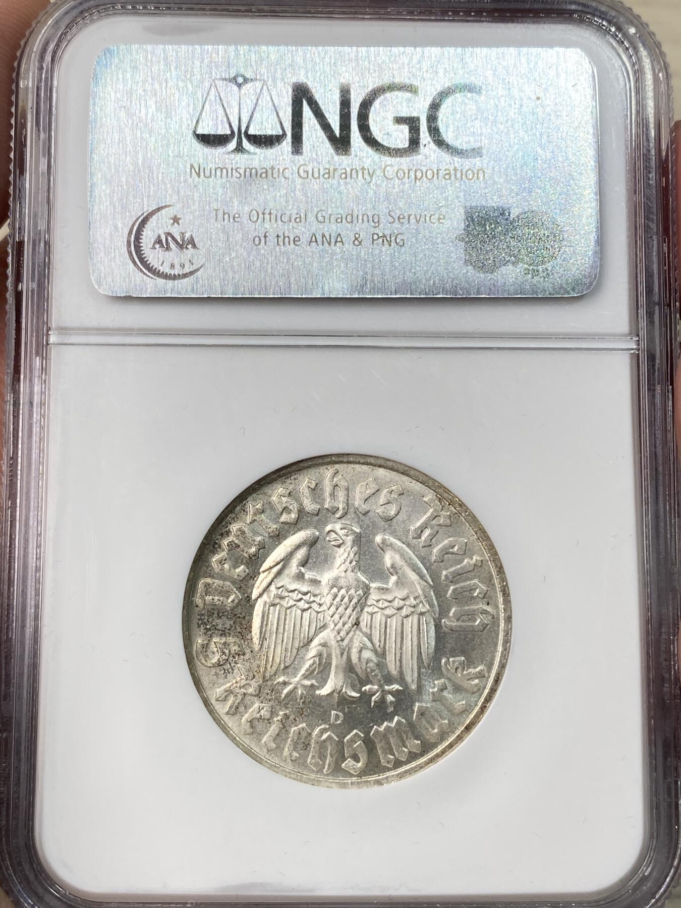 万国钱币拍卖第055期 NGC MS63 1933年D德国马丁·路德诞辰450周年纪念流通5马克银币 NGC老盒银霜转光好品