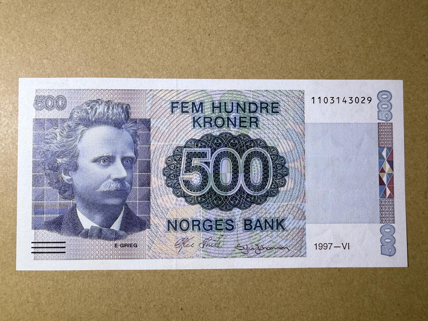 《艾美收藏》第220期-11.16周日外币畅拍场 挪威500克朗 UNC- 1997年 挪威作曲家格里格 票面有些发黄
