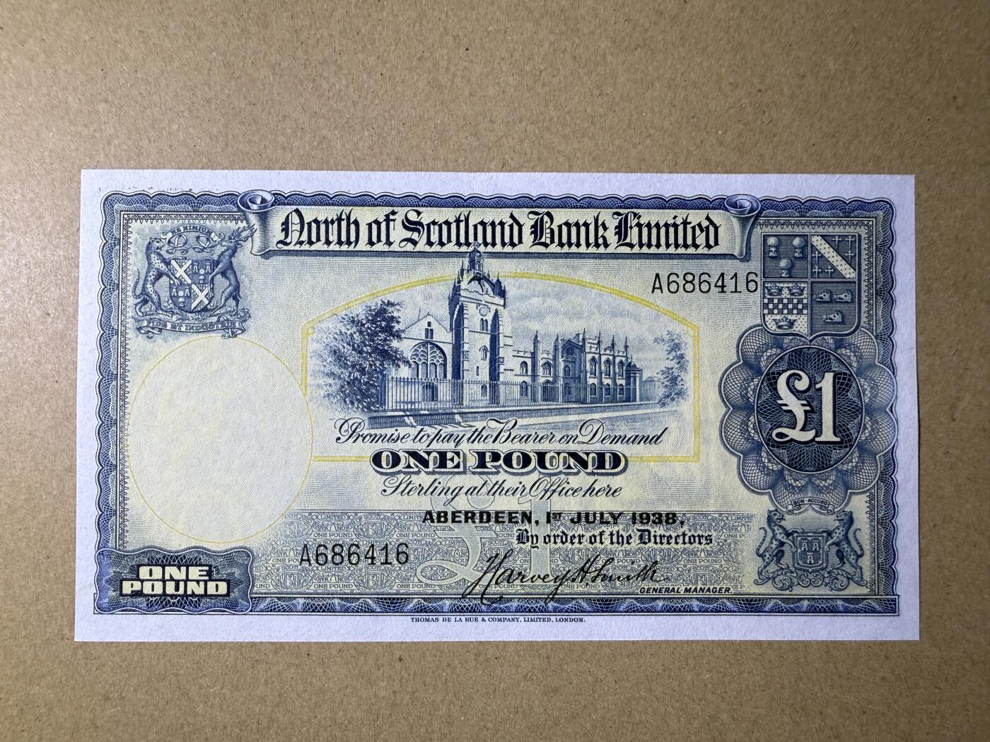 《艾美收藏》第220期-11.16周日外币畅拍场 苏格兰1镑 UNC- 1938年 苏格兰北方银行早期版本 A冠 票面有些起毛和荧光