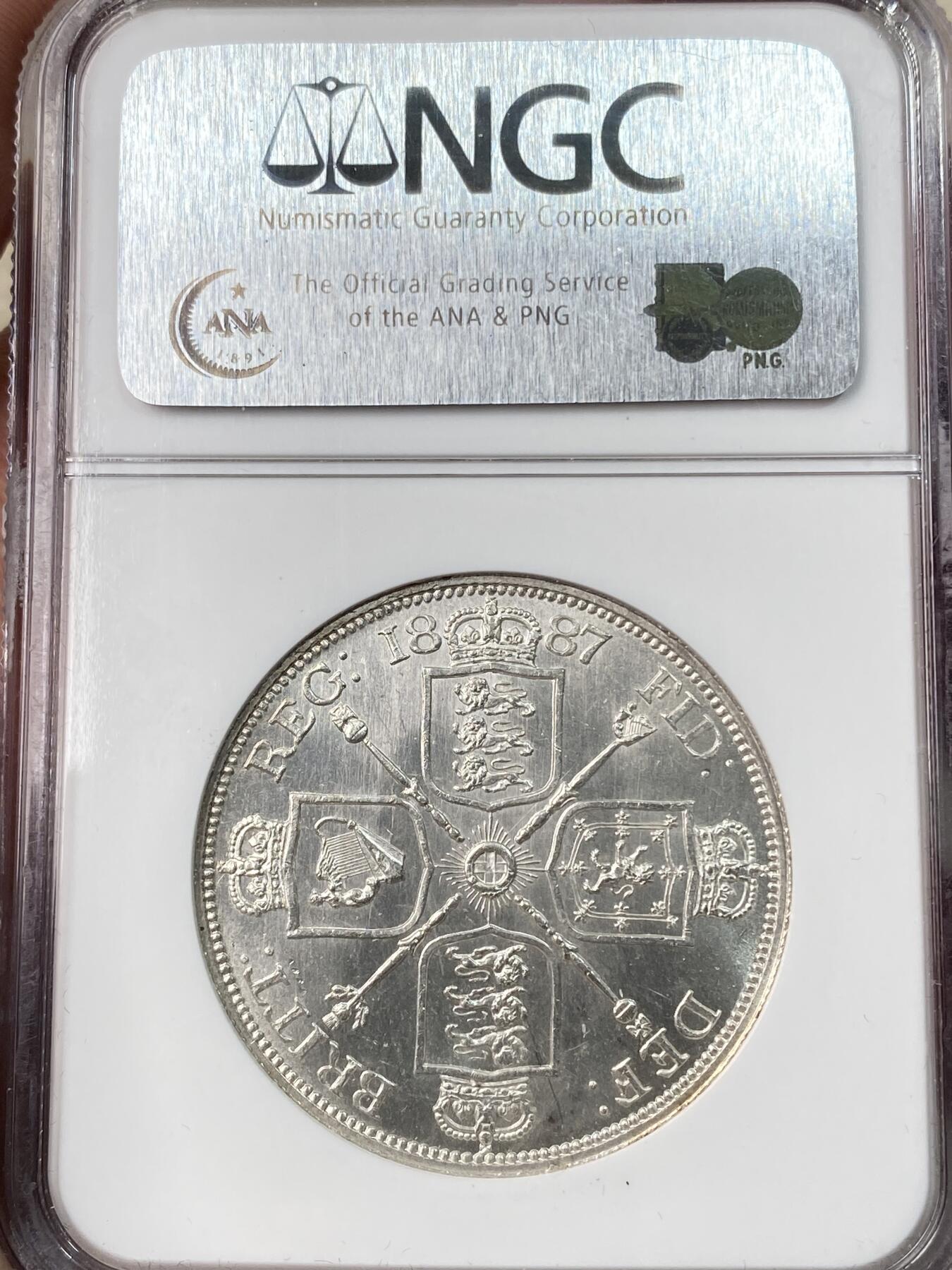 万国钱币拍卖第055期 NGC MS63 1887年英国高冠维多利亚4先令双弗洛林银币 银霜深打转光 NGC老白盒