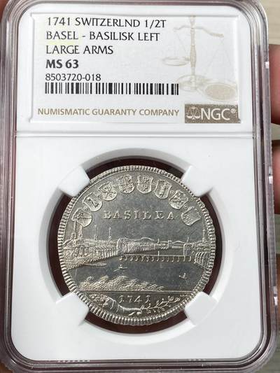 万国钱币拍卖第055期 - NGC MS63 1740年瑞士巴塞尔景观1/2半泰勒 经典瑞士景观品种 银霜全深打极其难得 巴塞尔怪兽巴西利斯克身上的鳞片粒粒可数 城市细节一览无余 顶级收藏状态
