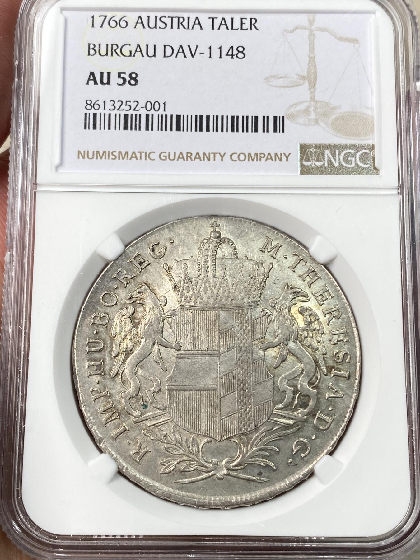 万国钱币拍卖第055期 NGC AU58 1766年神圣罗马帝国哈布斯堡-奥地利玛利亚·特蕾西亚双狮鹫护盾1泰勒大银 全深打银光充沛 极具艺术感的神罗后期作品