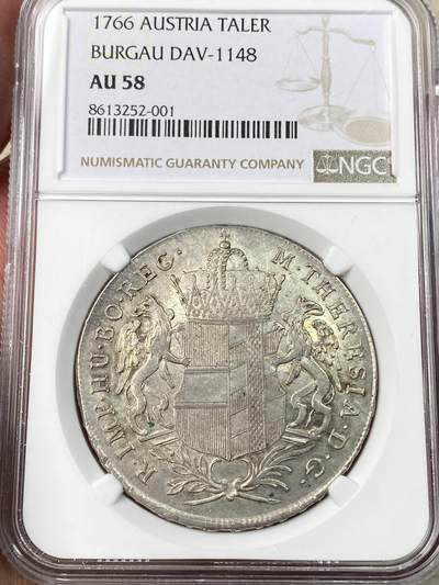 万国钱币拍卖第055期 - NGC AU58 1766年神圣罗马帝国哈布斯堡-奥地利玛利亚·特蕾西亚双狮鹫护盾1泰勒大银 全深打银光充沛 极具艺术感的神罗后期作品