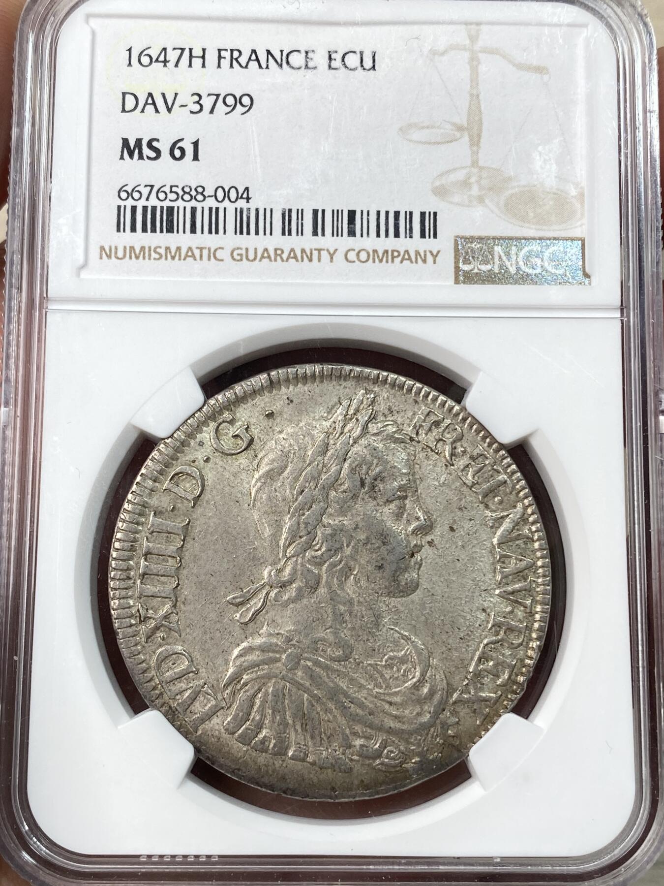 万国钱币拍卖第055期 NGC MS61 1647年法国太阳王路易十四1埃居大银币 红桃H拉罗谢尔造币厂铸 罕见全深打 底光极佳 收藏级状态