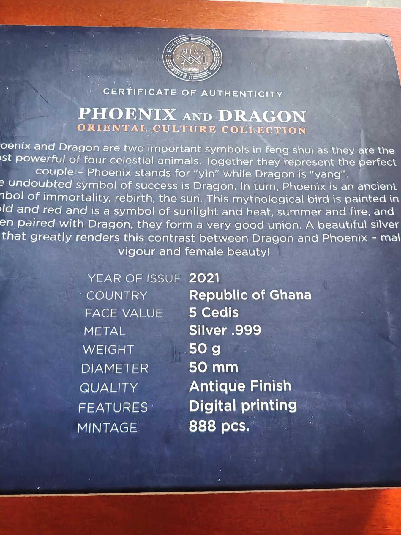 长老汇蛇年精选第七十三场拍卖 2021加纳龙凤5塞地仿古高浮雕彩色银币，盒证全，50克999银，888枚