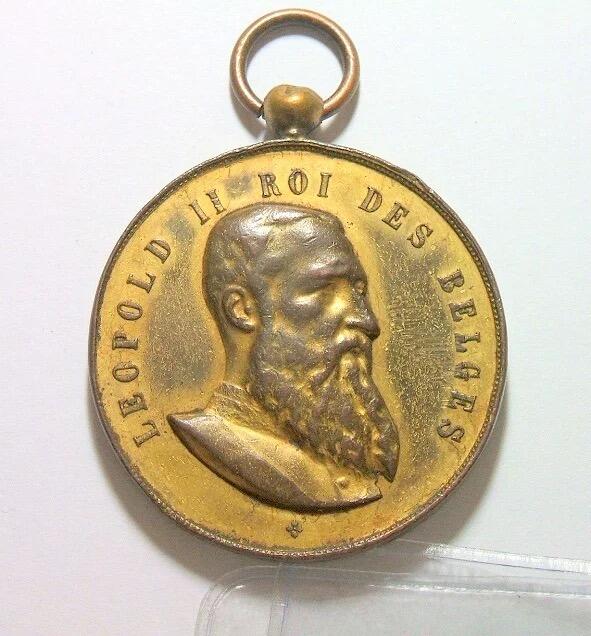 比利时1909年 利奥波德二世高浮雕精制大镀金章 40MM