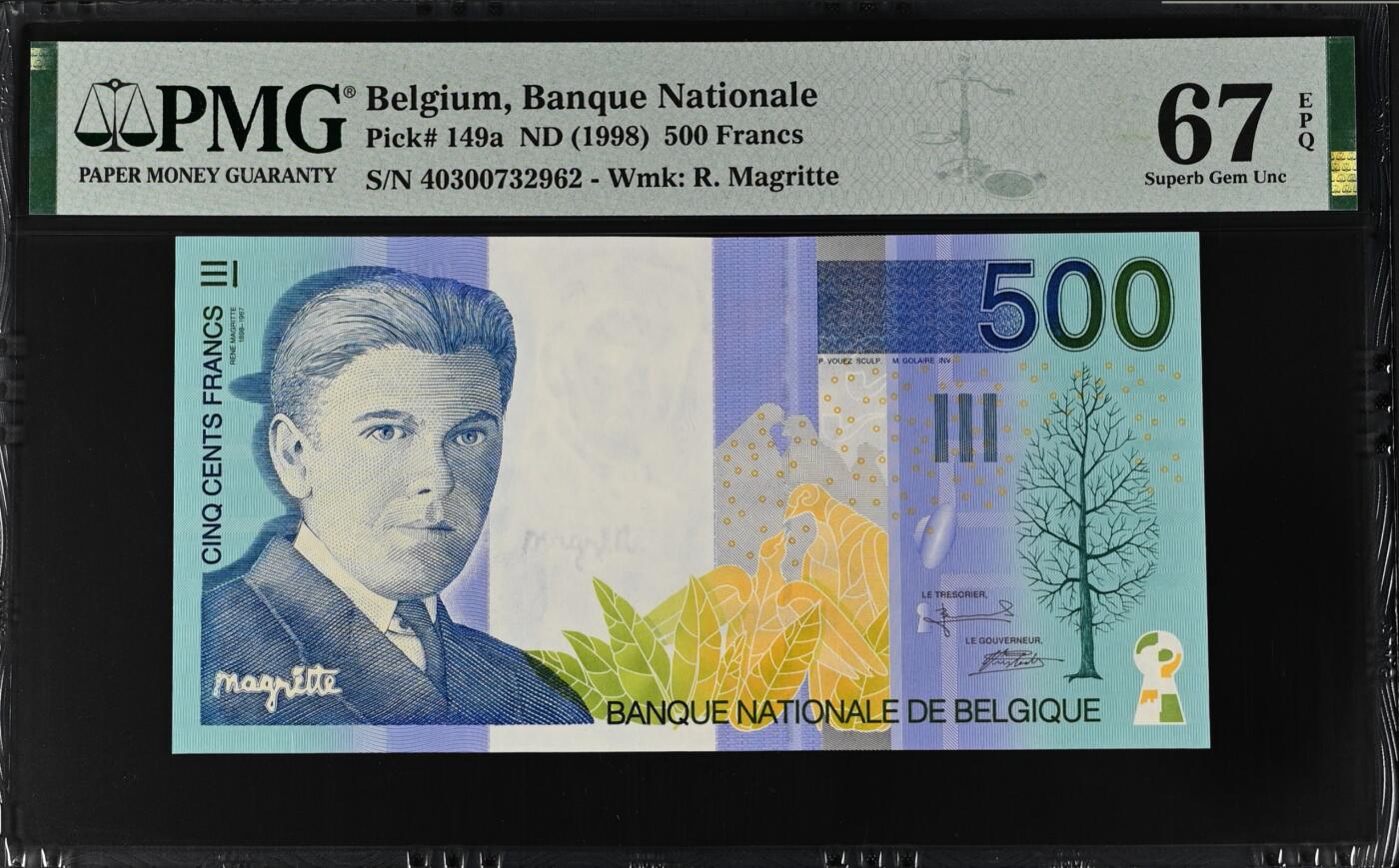《艾美收藏》第220期-11.16周日外币畅拍场 比利时500法郎 PMG67E 1998年 比利时画家马格里特