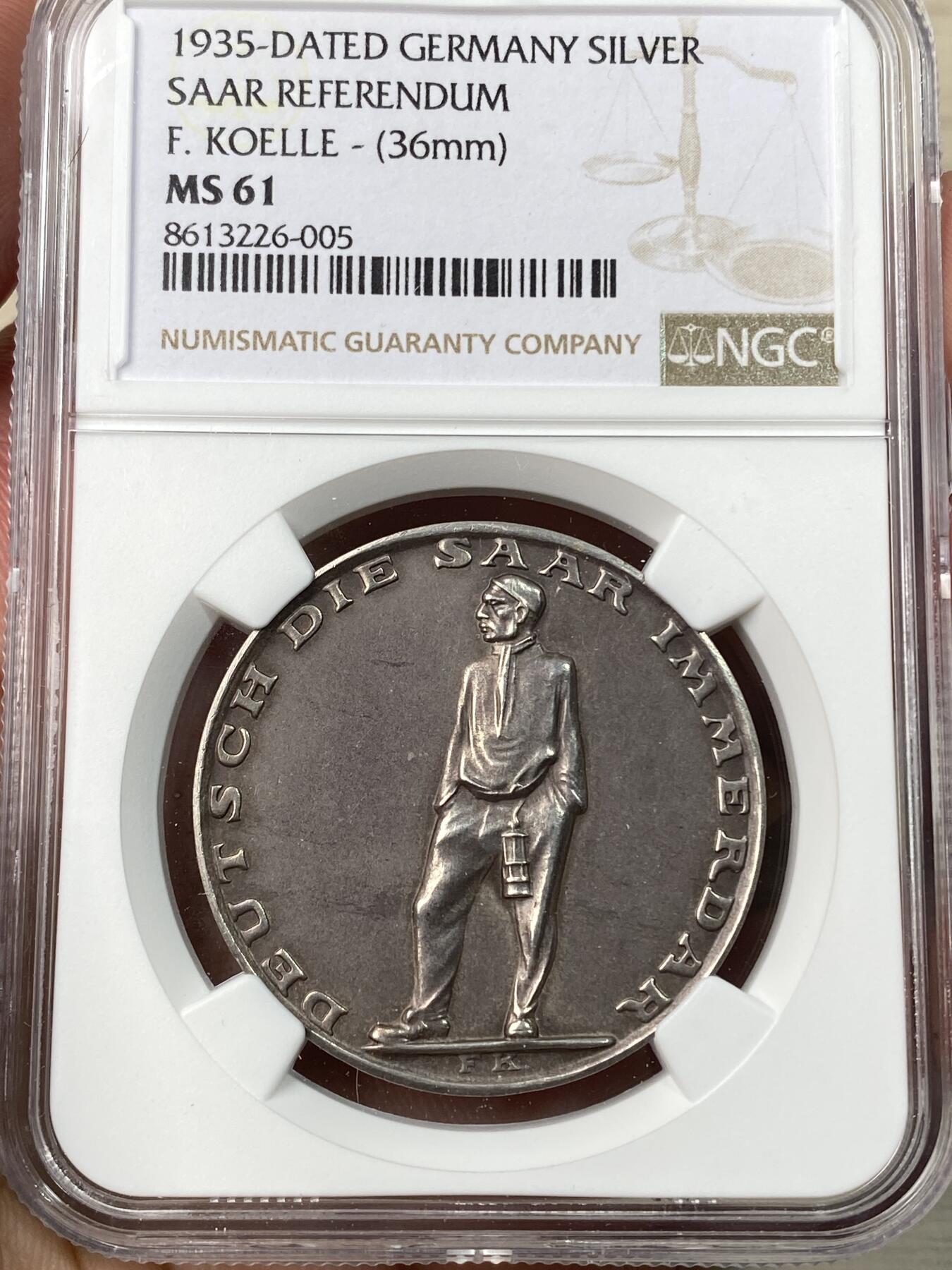 万国钱币拍卖第055期 NGC MS61 1935年德国萨尔区回归纪念银章 原味天鹅绒彩银光闪烁