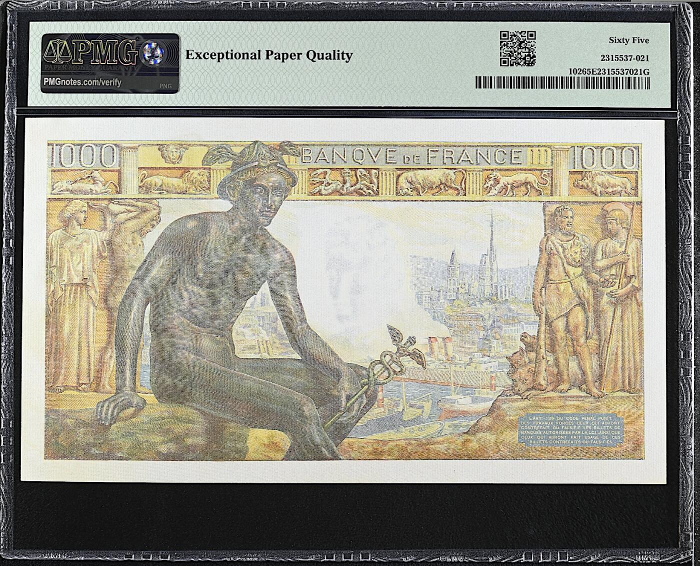 《艾美收藏》第220期-11.16周日外币畅拍场 法国1000法郎 PMG65E 1943年大票幅 母与子 无47