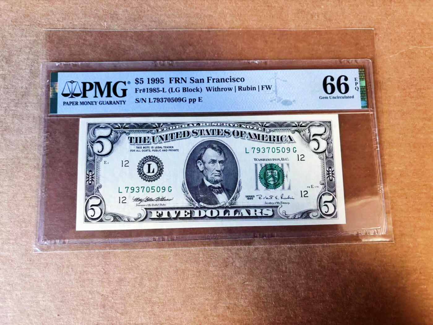 【Blue Auction】世界纸币精拍第751期——18级TOP拍卖/信誉/品质/专业/高效💫 美国 1995年5美金  PMG66EPQ